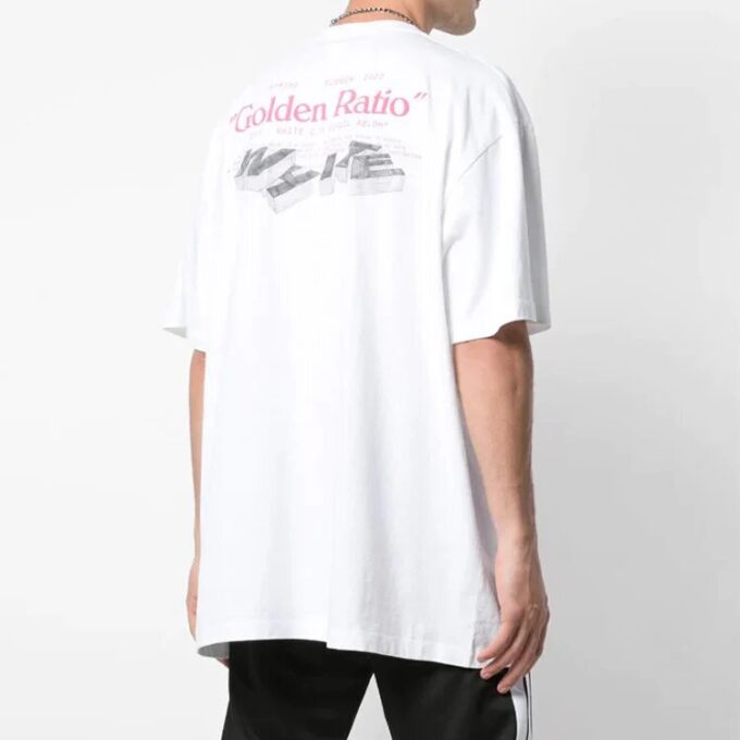 Off-White Herr-T-shirt med kort ärm i vitt med tryck i gult guld i Golden Ratio