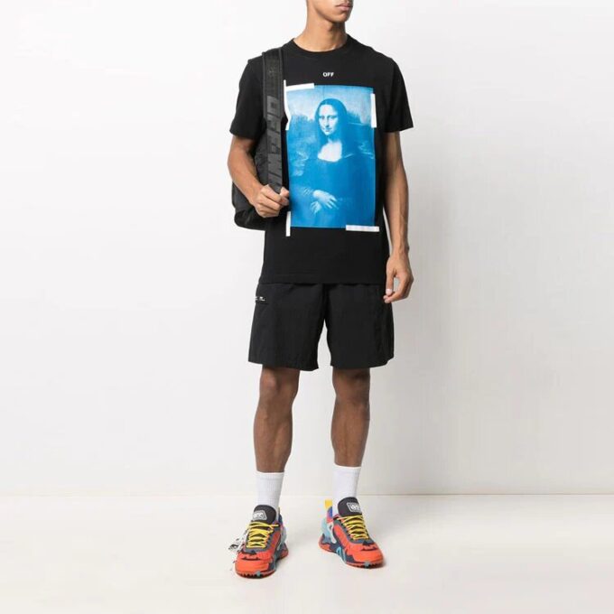 Off-White Herr-T-shirt med kort ärm och Mona Lisa-porträtt, vanlig version, svart