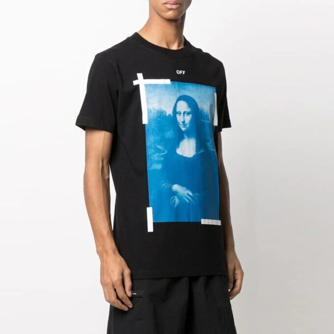 Off-White Herr-T-shirt med kort ärm och Mona Lisa-porträtt, vanlig version, svart