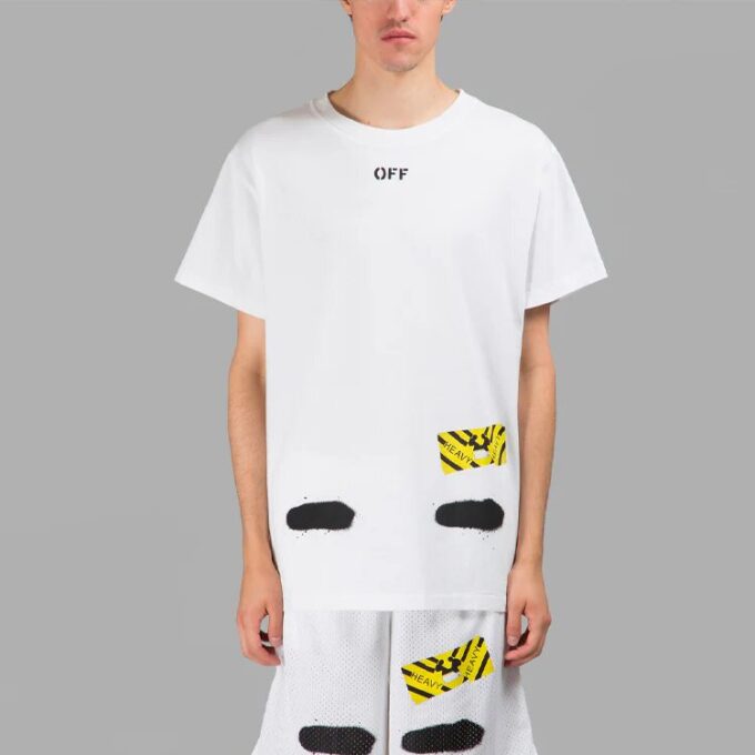 Off-White Herr-T-shirt med korta ärmar i vitt med C/O VIRGIL ABLOH-tryck i form av tigriga ränder och stänk av bläck