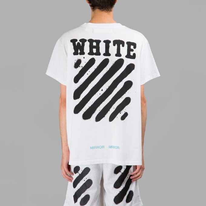 Off-White Herr-T-shirt med korta ärmar i vitt med C/O VIRGIL ABLOH-tryck i form av tigriga ränder och stänk av bläck