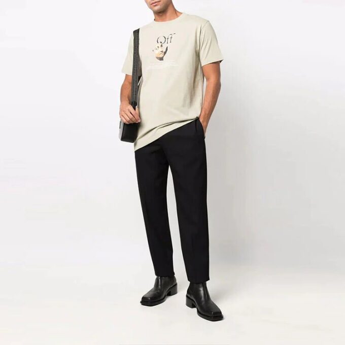 Off-White Herr-T-shirt med logotryck, rund hals och korta ärmar, ljusbrun