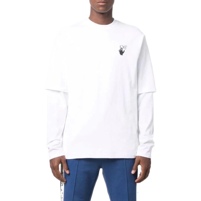 Off-White Herr T-shirt med logotryck, rund hals och långa ärmar, vit