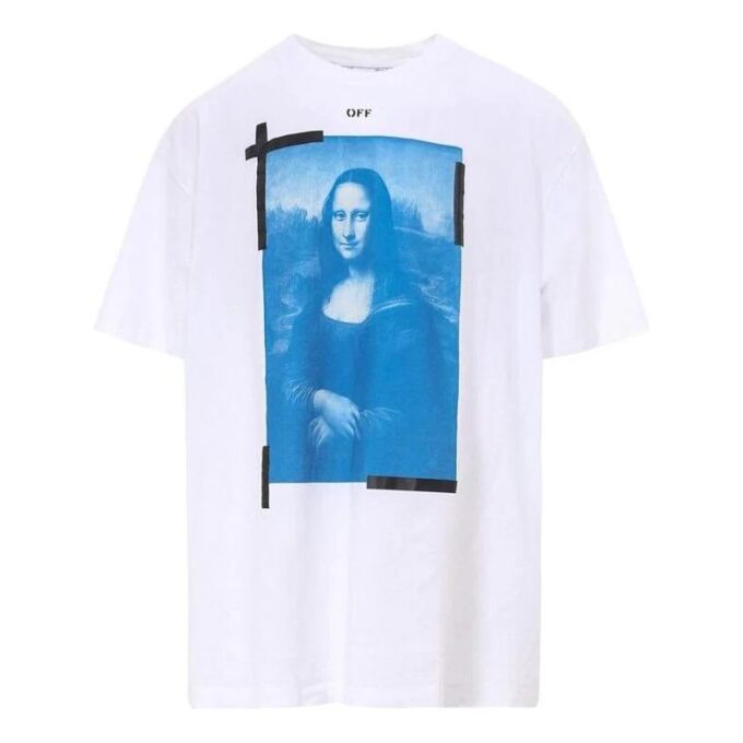 Off-White Herr-T-shirt med Mona Lisa-pil-tryck, rund hals, kort ärm, vit