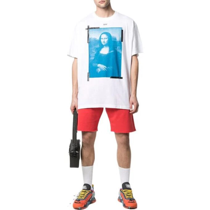 Off-White Herr-T-shirt med Mona Lisa-pil-tryck, rund hals, kort ärm, vit