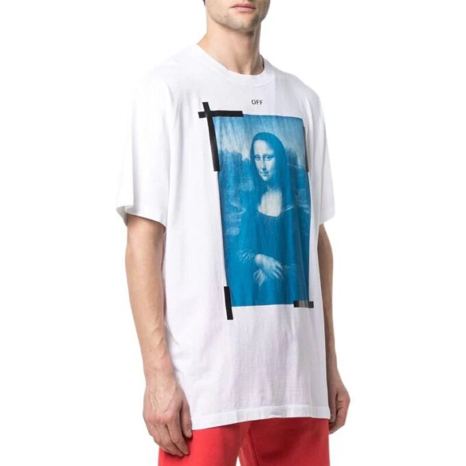 Off-White Herr-T-shirt med Mona Lisa-pil-tryck, rund hals, kort ärm, vit
