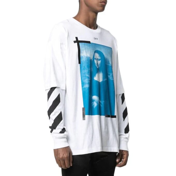 Off-White Herr-T-shirt med Mona Lisa-tryck, rund hals, långa ärmar och lös passform, vit