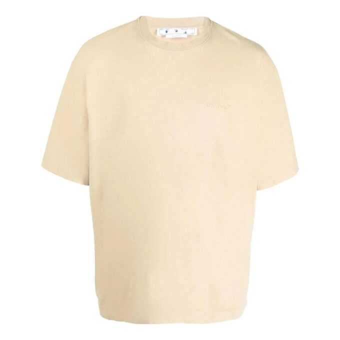 Off-White Herr T-shirt med randigt mönster, rund hals och korta ärmar, beige