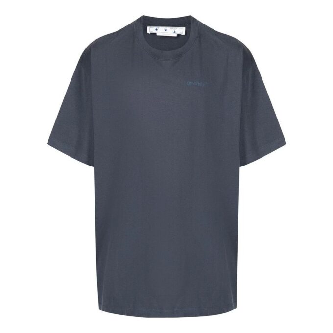 Off-White Herr-T-shirt med randigt tryck, korta ärmar och lös passform, marinblå