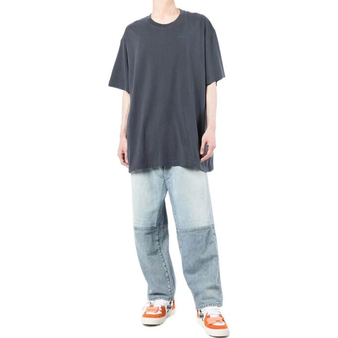 Off-White Herr-T-shirt med randigt tryck, korta ärmar och lös passform, marinblå