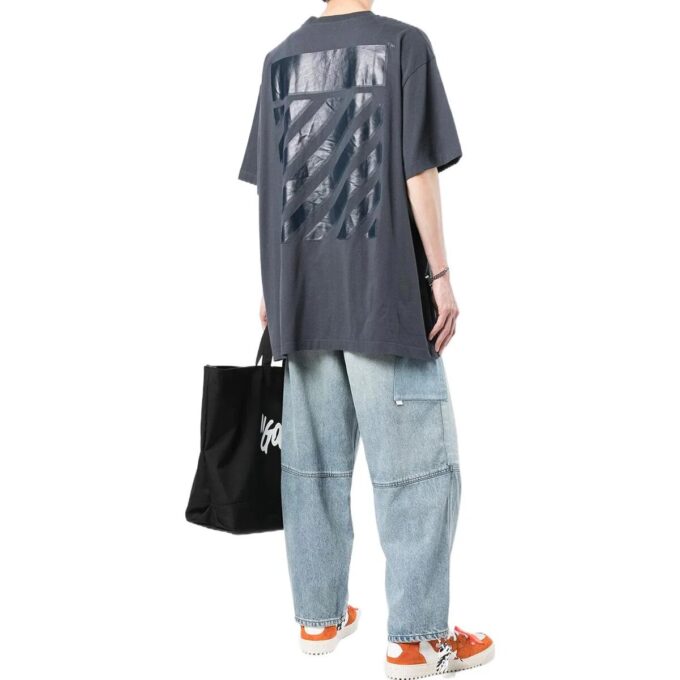 Off-White Herr-T-shirt med randigt tryck, korta ärmar och lös passform, marinblå
