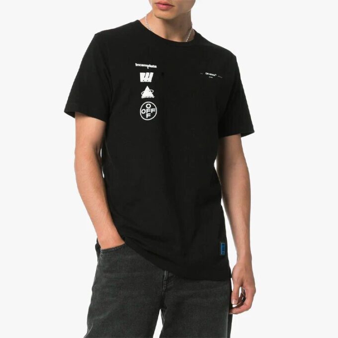 Off-White Herr-T-shirt med tryck på ryggen, korta ärmar, svart