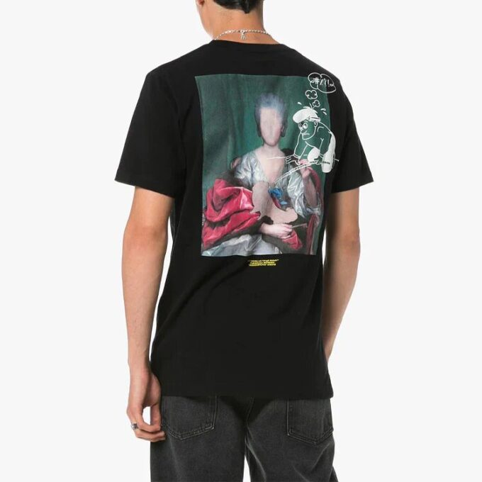 Off-White Herr-T-shirt med tryck på ryggen, korta ärmar, svart