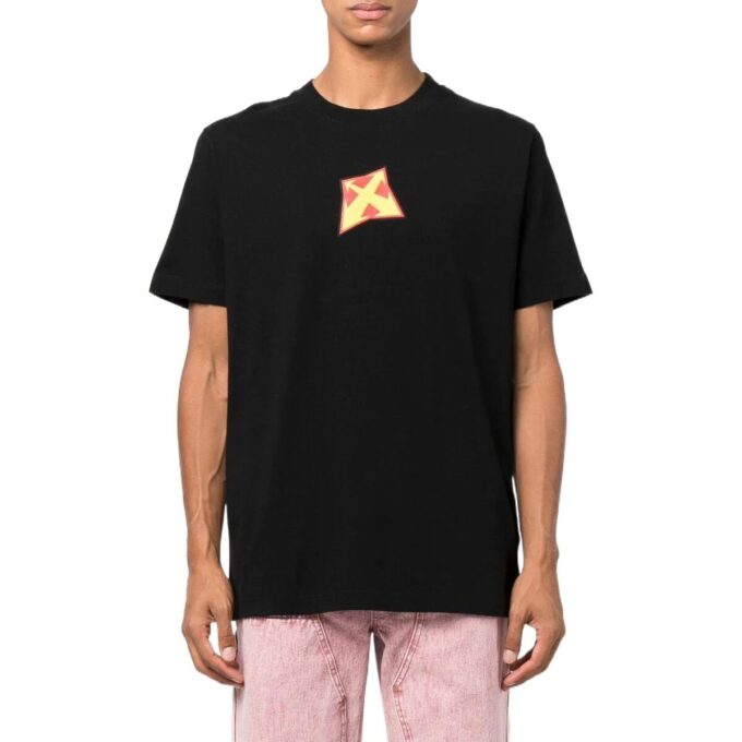 Off-White Herr-T-shirt med tryckt logotyp, rund hals och korta ärmar, svart