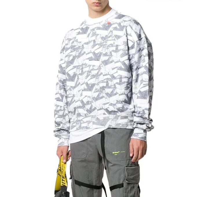 Off-White Herrbomullströja med geometriskt mönster, heltryck, rund hals och långa ärmar, vit