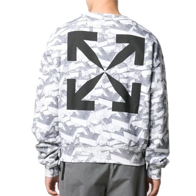Off-White Herrbomullströja med geometriskt mönster, heltryck, rund hals och långa ärmar, vit