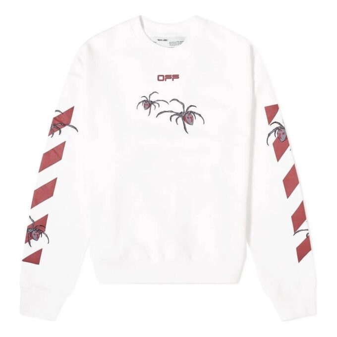 Off-White Herrtröja med spindeltryck, rund hals och långa ärmar, vit