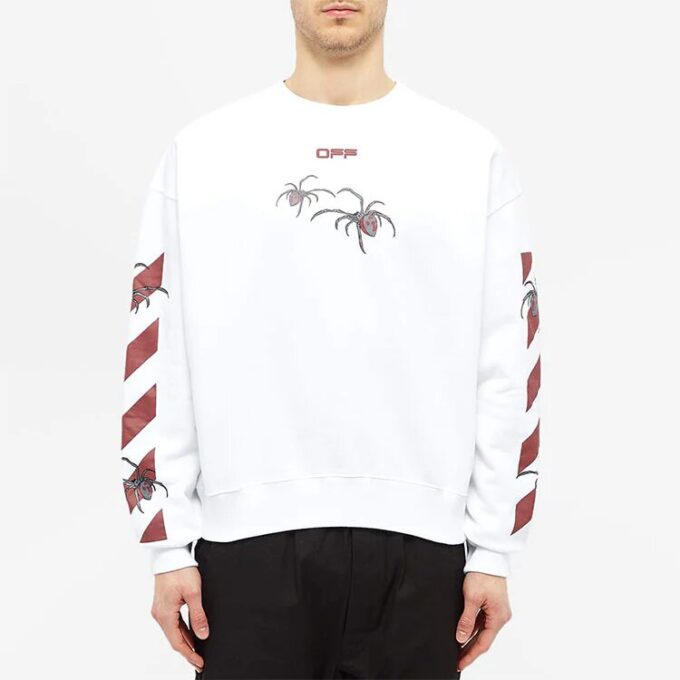 Off-White Herrtröja med spindeltryck, rund hals och långa ärmar, vit
