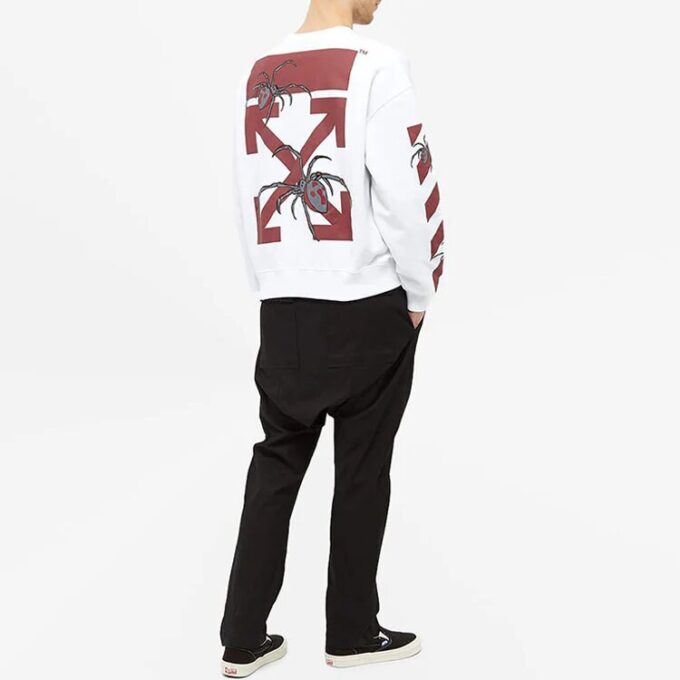 Off-White Herrtröja med spindeltryck, rund hals och långa ärmar, vit