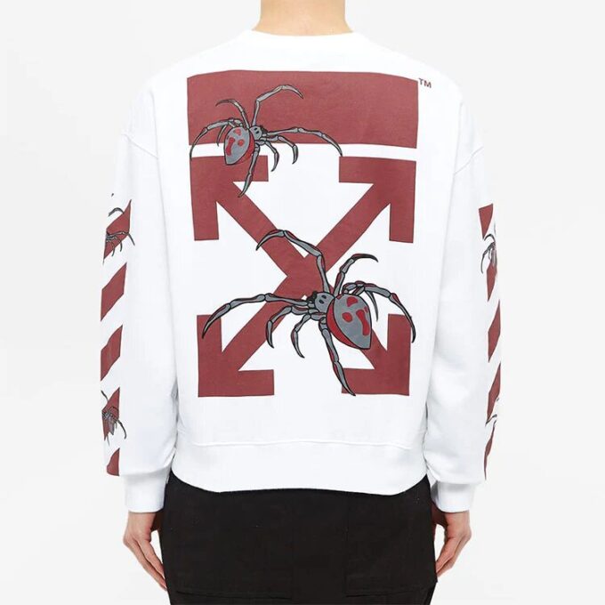 Off-White Herrtröja med spindeltryck, rund hals och långa ärmar, vit