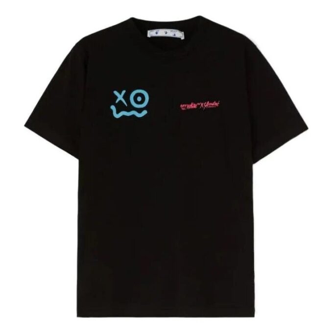 Off-White x Andr / Crossover-logotyp, leende ansikte, rund hals, tryck, kortärmad svart T-shirt