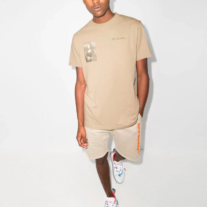Off-White x Browns 50 Crossover-logotryck, lös rundhalsad kortärmad Shorts-tröja, standardversion, beige