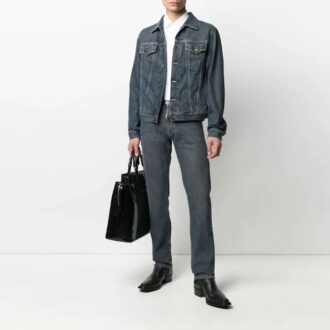 SS21 Logo-mönstrad denimjacka i lös passform, denimblå