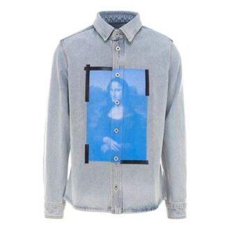 SS21 Tryckt mönster, krage, långärmad Denim-skjorta, blå